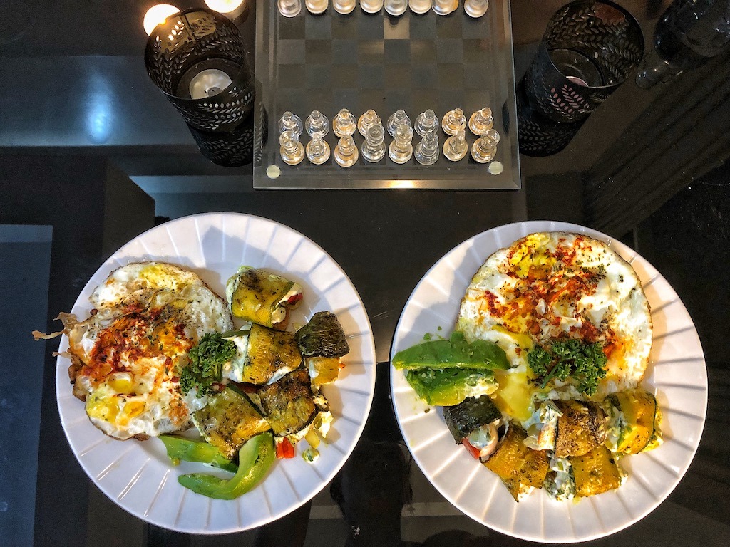 Healthy Low Carbs Keto Vegetarian Zucchini Rolls With Fried Eggs And Avocado Couple Dinner