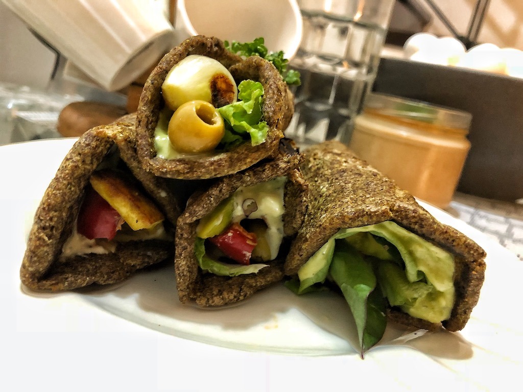 Healthy Vegan Keto Low Carbs Flaxseed Wraps Or Spring Rolls With Vegetables And Tofu